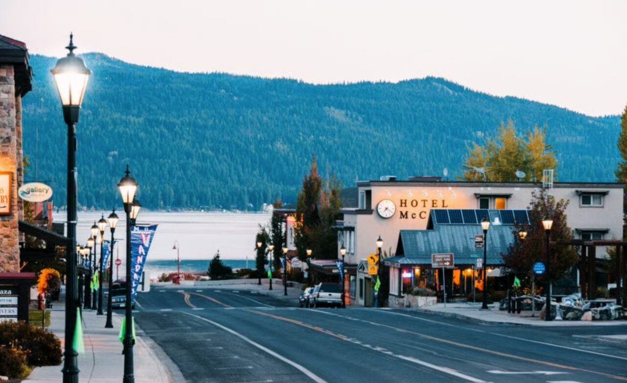 Downtown McCall, Idaho, with Hotel McCall at dusk